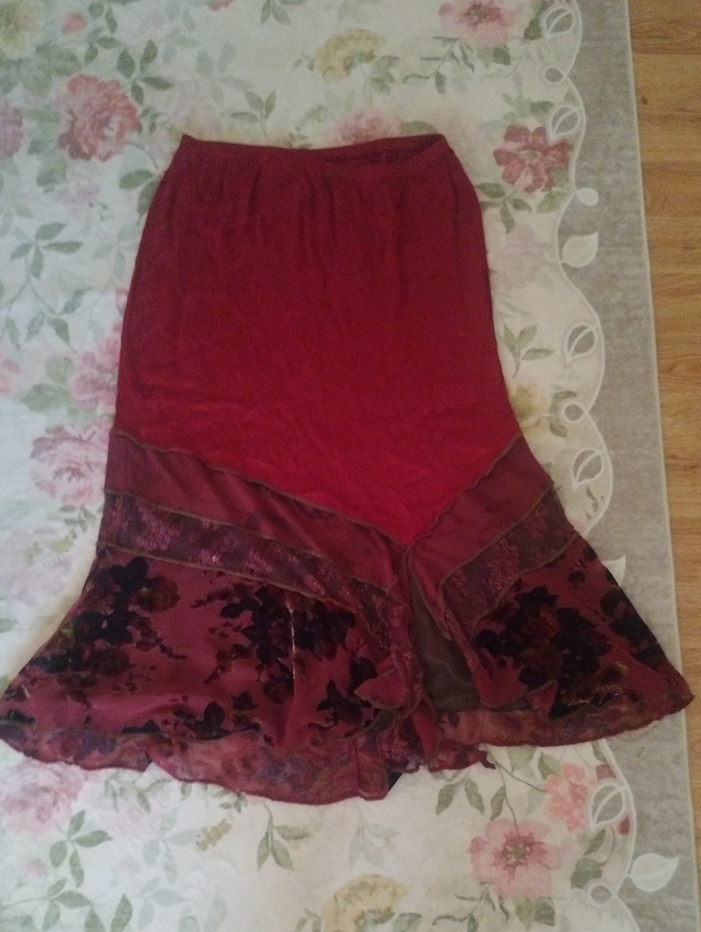 Boho Velvet Panel Midi Skirt in Deep Wine